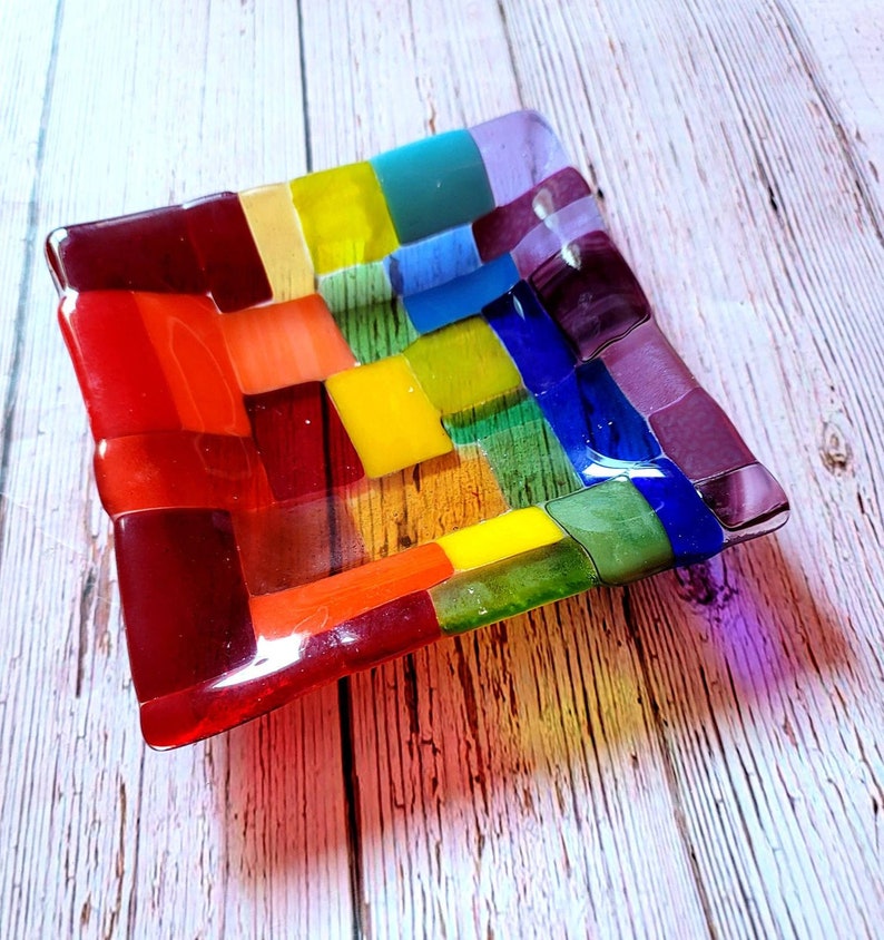 Rainbow Spoon Rest, Rainbow Fused Glass Holder, Colorful Candle Holder, Rainbow Trinket Dish Tray, Anything Dish image 1