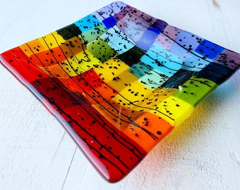 Rainbow Fused Glass Holder, Colorful Candle Holder, Rainbow Trinket Dish Tray, Happy New Home Gift