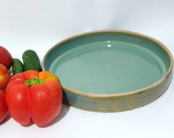 Pottery Serving Plate, Shallow Dish, Round Tray.  Turquoise Green kitchenware. Gifts for the Home