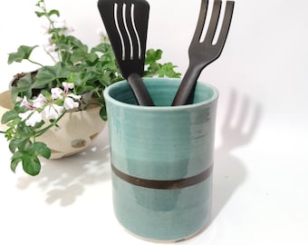 Handmade Teal Stoneware Utensil Holder: Kitchen Caddy