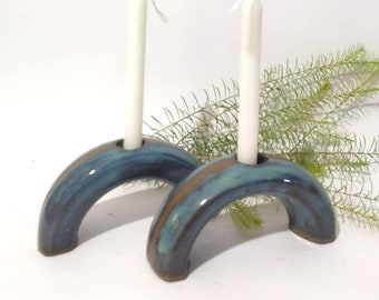 Candle Sticks, Pottery Shabbat Candle Holders, Modern Judaica -  Turquoise and Gray Pottery