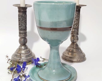 Wine Goblet, Kiddush Cup Pottery Wine Cup, Ceramic Chalice, Handmade Teal and Turquoise Pottery