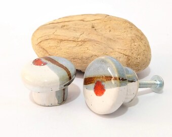 Dresser Knobs, Small Round Door Pulls, Cabinet knobs, Drawer Knobs, Ceramic Knobs in Grey White and Red, Artisan Knobs