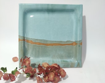 Square Plate, Serving Plate, Matzo Plate, Turquoise Tableware Landscape Design, Passover Gift, Handmade Kitchen Pottery
