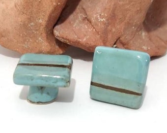 Handmade Ceramic Square Drawer Knobs: Turquoise Teal & Brown (Set of 2)
