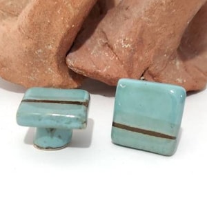 Drawer Knobs, Cabinet knobs, Ceramic Knobs, Square Knobs, Door Knobs, Handmade Ceramics Knobs Small Square Knobs in Turquoise Teal and Brown