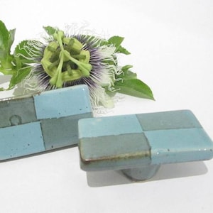 May include: Two ceramic cabinet pulls with a checkerboard pattern in shades of blue and gray. The pulls are rectangular with rounded edges and a small, round base. A passion flower and green leaves are in the background.