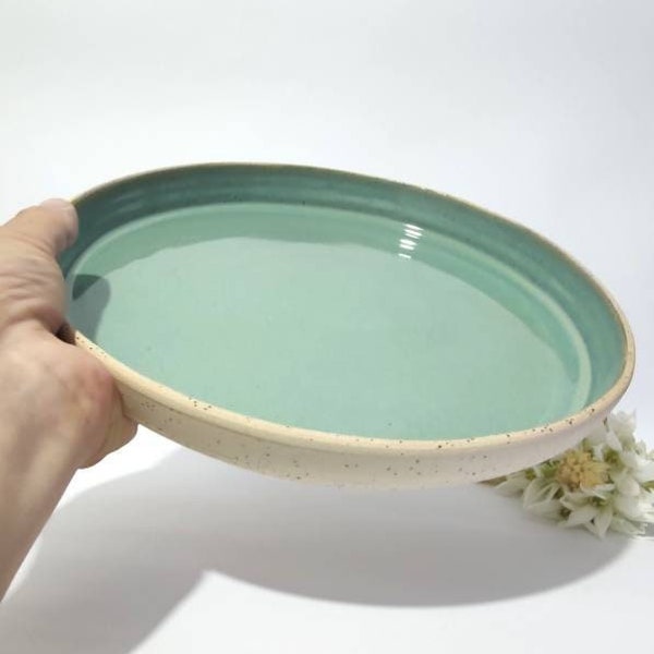 Pottery Serving Plate, Shallow Dish, Round Tray.  Turquoise Green kitchenware. Gifts for the Home