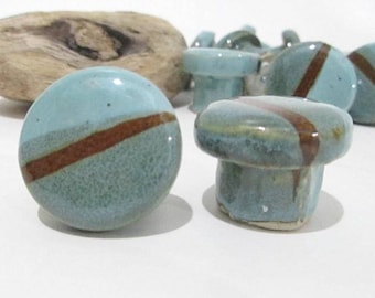 Door Knobs, Handmade Ceramic Knobs: Turquoise Teal & Brown, Set of 2