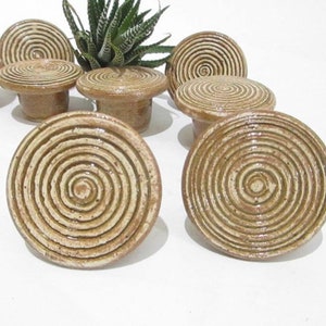 Handmade Ceramic Door Knobs: Brown Beige Spiral Design (Pair)