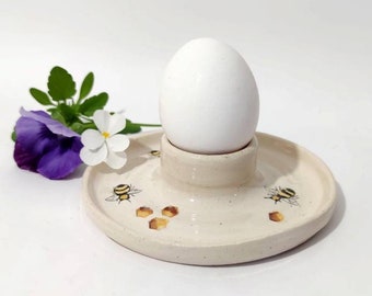 Pottery Egg Cup, Bee Egg Holder.  Bee kitchenware design