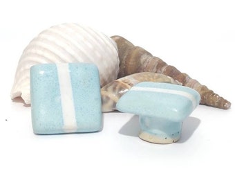 Ceramic Knobs: Handmade Pastel Blue & White Square Drawer Pulls (Pair)