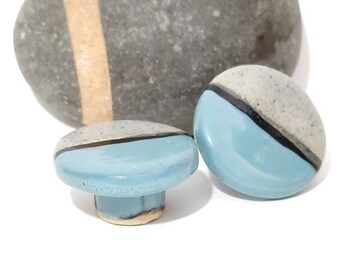 Ceramic Knobs: Grey and Teal Handmade Unique Cabinet Hardware (Pair)