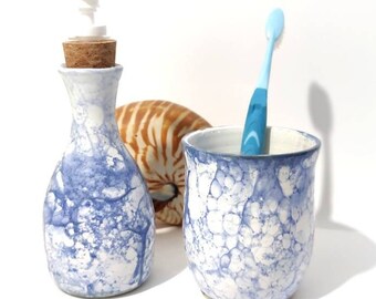 Bathroom Set,  Soap Dispenser and Toothbrush Holder, Blue and White Bathroom Decor, Handmade  Pottery, Bathroom Bubbles