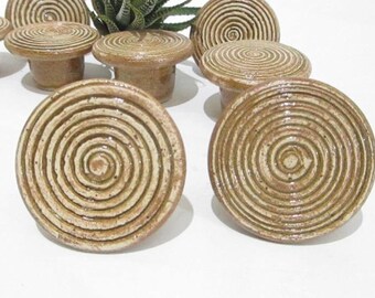 Handmade Ceramic Door Knobs: Brown Beige Spiral Design (Pair)