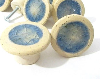 Glass Knobs, Pair of Ceramic Door Pulls, Kitchen Decor Ideas, Handmade Knobs, Blue Recycled Glass, Glass Cabinet Knobs