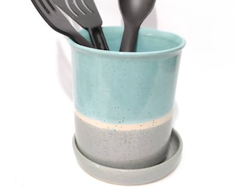 Handmade Turquoise & Grey Stoneware Utensil Caddy with Drip Tray