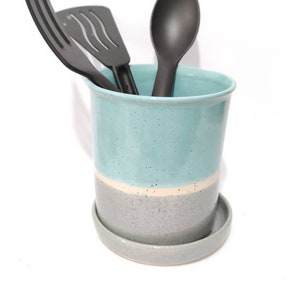 Utensil Caddy, Utensil Holder, Cutlery Drainer with Drip Tray, Kitchen Storage, Handmade Kitchenware in  Turquoise and Grey