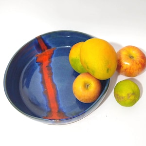 Large Bowl, Large Fruit Bowl, Shallow Bowl, Serving Bowl, Large Pasta Dish Handmade Pottery Blue and Red Ceramics