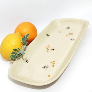 Handmade Ceramic Bee Plate: Long Serving Tray, Pottery Platter