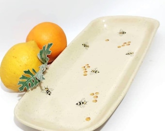 Handmade Ceramic Bee Plate: Long Serving Tray, Pottery Platter