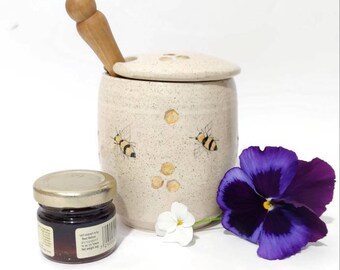 Honey Pot, Pottery Honey Jar with Lid , Sugar Jar, Jam Conserve Jar, Hand Painted Ceramics in Yellow and Black, Bee Design