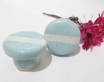 Handmade Ceramic Door Knobs: Blue & White Striped Cabinet Hardware