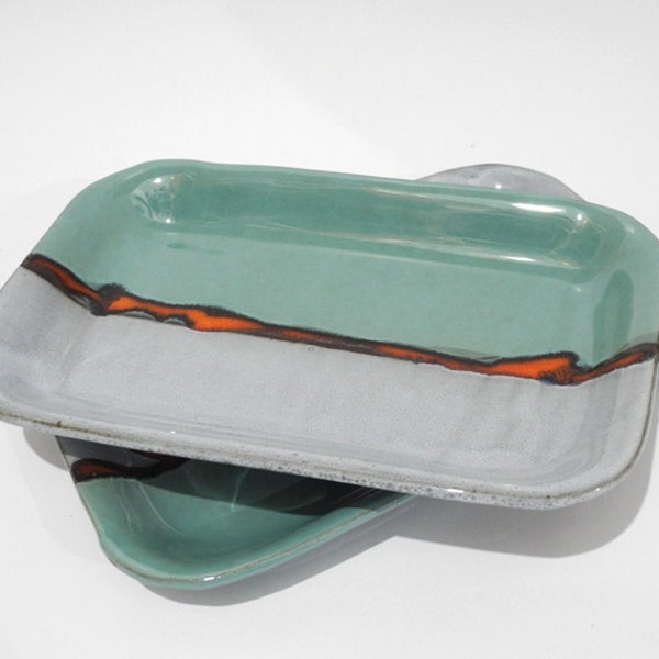 RESERVED - A Pair of Serving Plates, Shallow Dishs, Terracotta Plates, Abstract Landscape in Red, Teal and Grey