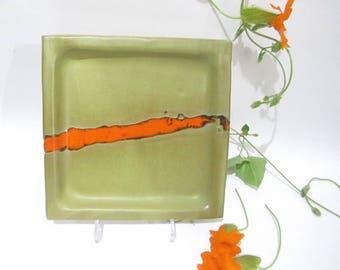 Serving Dish, Ceramic Plate, Square Plate, Green Plate, Handmade Pottery in Green and Orange