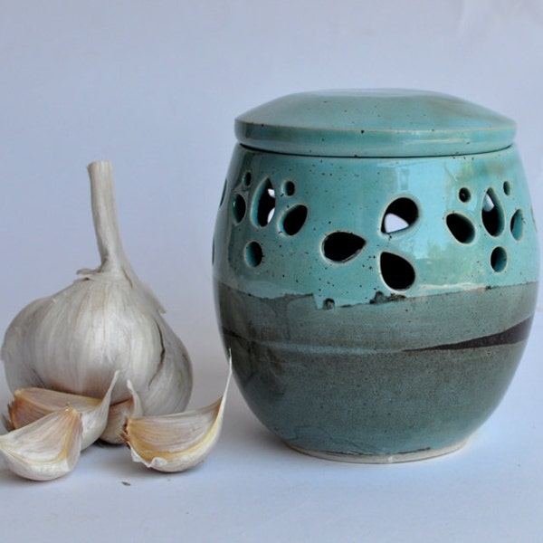 Garlic Storage Jar  - Turquoise Grey Green