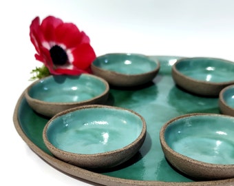 Seder Plate, Pasach Plate, Passover Plate. Serving Tray and Dishes, Judaica Gifts, Turquoise Green Pottery Tableware