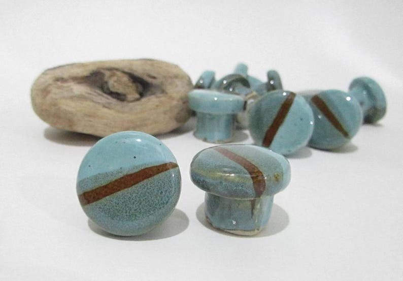 May include: A selection of ceramic cabinet knobs and a piece of driftwood. The knobs are light blue with a brown stripe. The knobs are in various shapes, including round and mushroom-shaped.