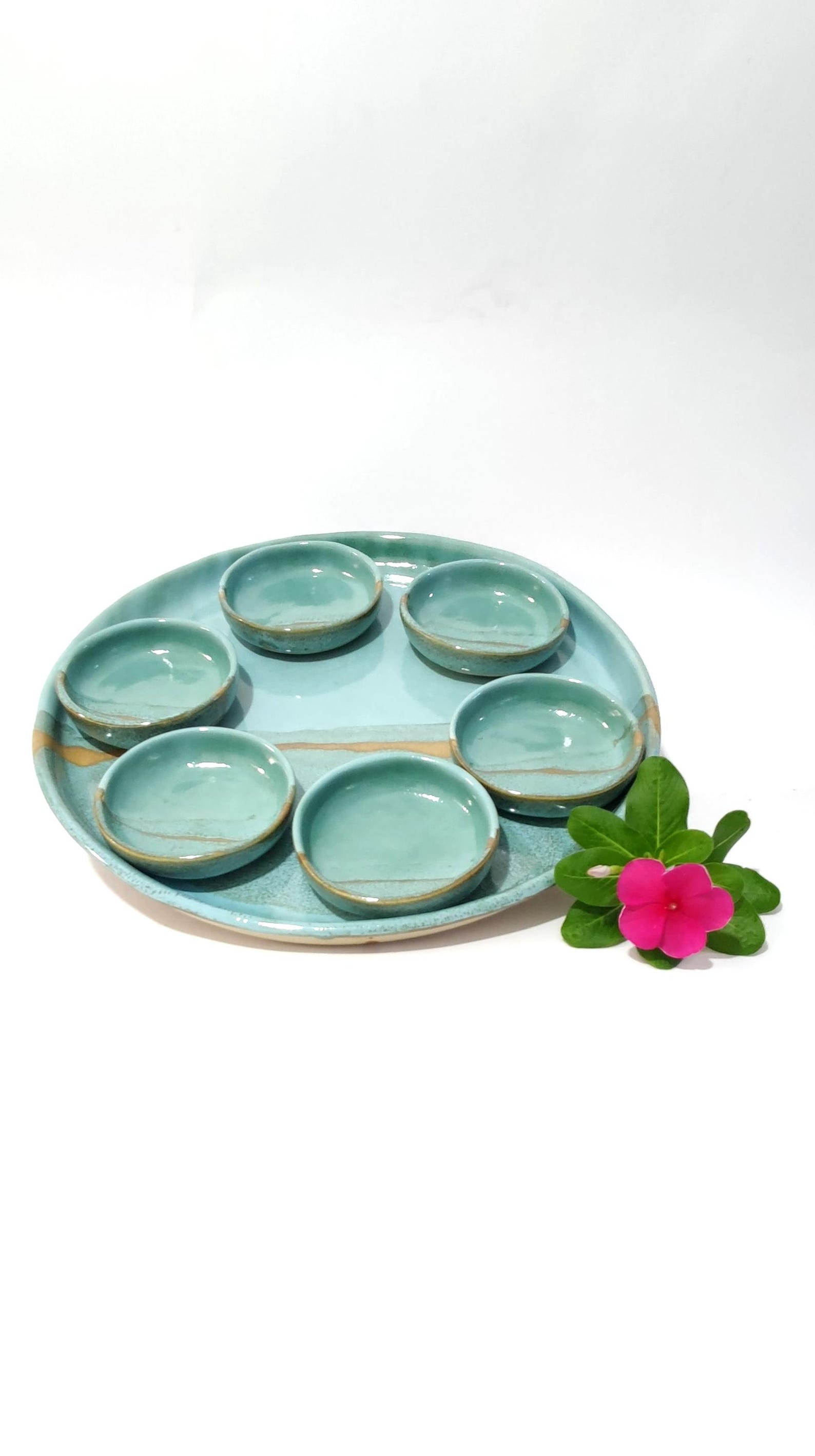 Turquoise Stoneware Seder Plate with Dishes: Handmade Passover Serving Set