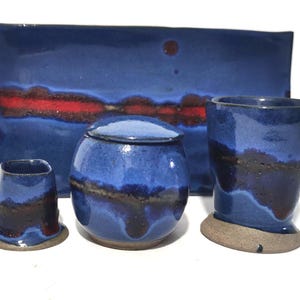 Ensemble Judaica Havdalah, Coupe à vin, Boîte et bougeoir, Plateau pour assiettes, Cadeaux Judaica, Glaçure bleu nuit
