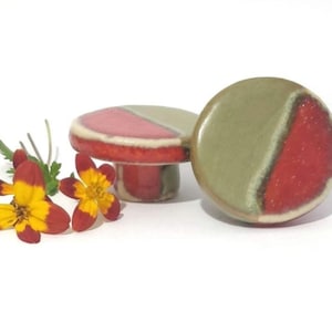 Ceramic Knobs: Handmade Red and Olive Green Door Furnishings (Pair)