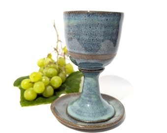 Wine Goblet, Small Kiddush Cup, Pottery Wine Cup, Ceramic Chalice, Elijah Cup, Handmade Turquoise and Brown Pottery,