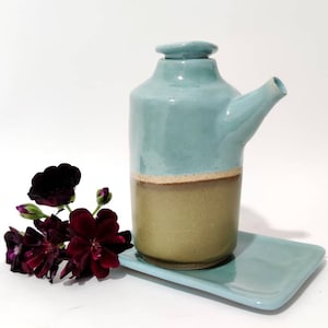 Olive Oil Bottle, Salad Dressing Jar, Soy Sauce Dispenser,  Vinegar Jar. Handmade Kitchen Pottery in Turquoise and Green