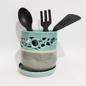 Utensil Holder, Utensil Caddy, Cutlery Drainer with Drip Dish, Kitchen Storage, Handmade Pottery, Cutout Design in Turquoise and Grey