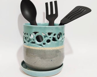 Utensil Holder, Utensil Caddy, Cutlery Drainer with Drip Dish, Kitchen Storage, Handmade Pottery, Cutout Design in Turquoise and Grey