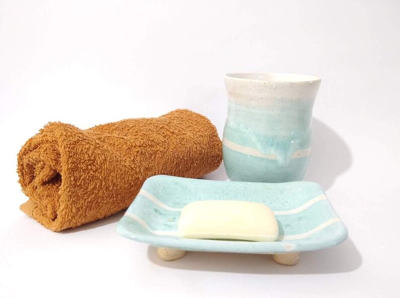 Soap Dish and Toothbrush Holder Blue and White Bathroom Set Etsy