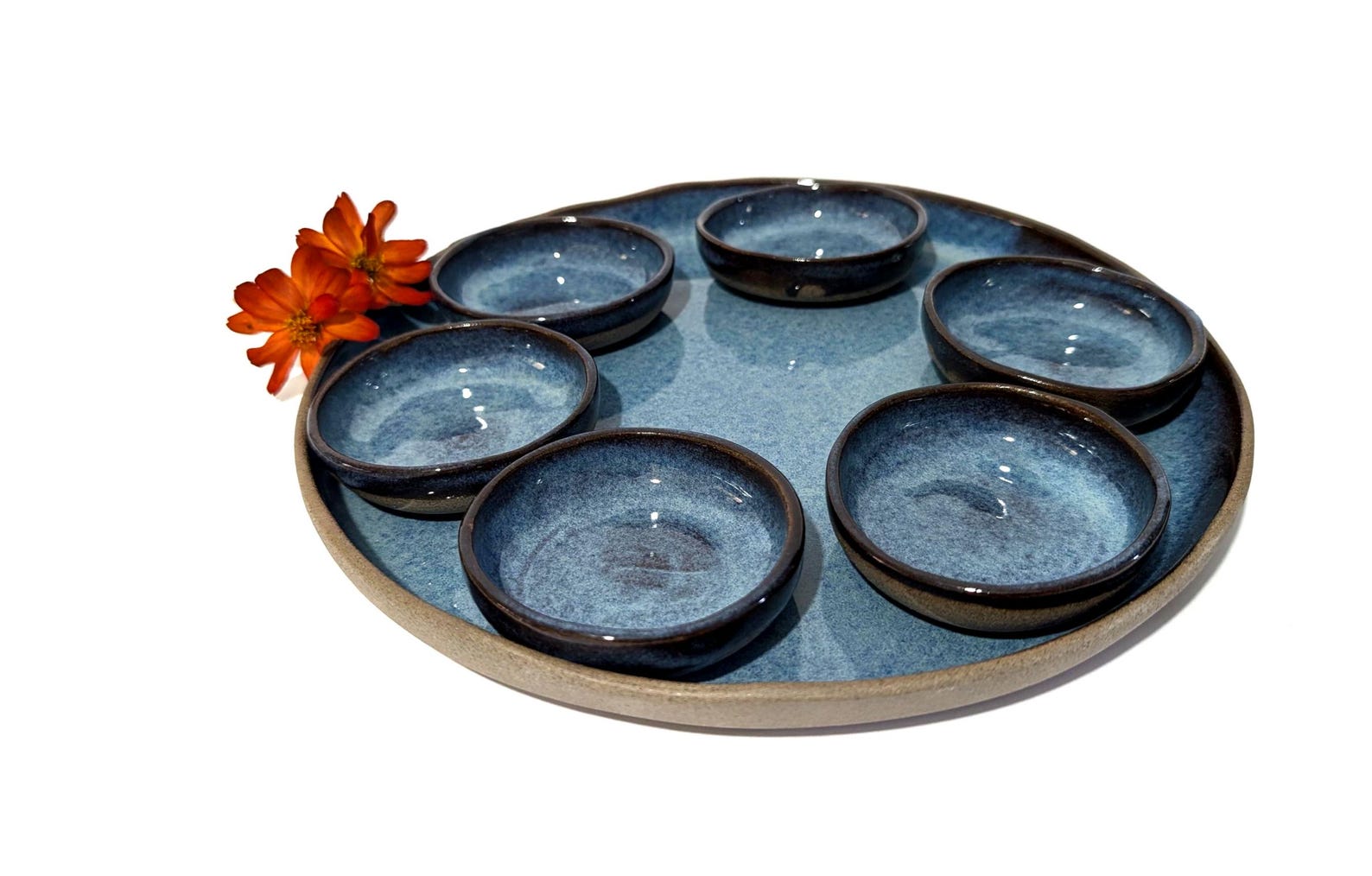 Pottery Seder Plate: Handmade Blue Glazed Pottery, Passover Gift Set