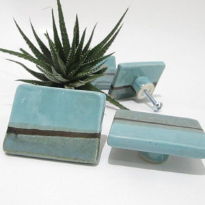 Ceramic Door Knobs, Large Cabinet  Knobs, Drawer Knobs, Handmade, Home Decor, Teal Turquoise with Brown Stripe