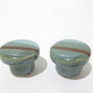 May include: Two ceramic cabinet knobs. Each knob is a rounded shape with a teal and brown stripe design. The knobs have a glossy finish and are set against a white background.