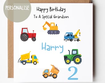 May include: A square birthday card with a brown envelope. The card features colorful illustrations of construction vehicles, the name "Harry" in blue, and the number "2". Text reads "Happy Birthday To A Special Grandson".