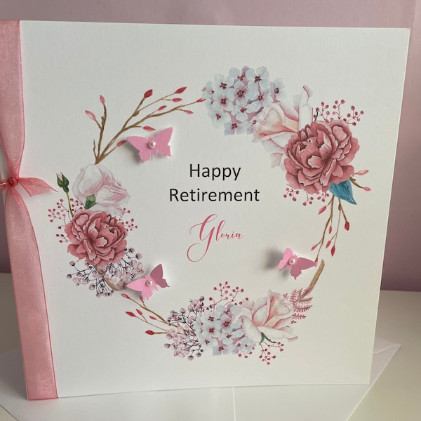 Large Personalised Retirement Card, Women, Mum, Aunty, Sister, Friend, Teacher, Grandma, Mam, Colleague Floral Flowers