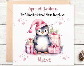 Personalised 1st Christmas Card Granddaughter, Daughter, Great Granddaughter, Niece, Great Niece, Cousin, Keepsake, Kids, Child Penguin