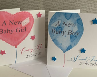 Personalised New Baby Card, Baby Girl, Baby Boy, New Born Card, Cute, Balloons