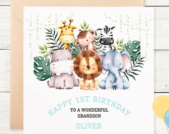 Personalised 1st Birthday Card Grandson, Son, Nephew, Cousin, Keepsake, Kids, Child Jungle Animals 2 3 4 5 6 7