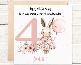 May include: A pink and white birthday card featuring a bunny holding a pink balloon. The card reads "Happy 4th Birthday To A Gorgeous Great Granddaughter" and "Sofia".