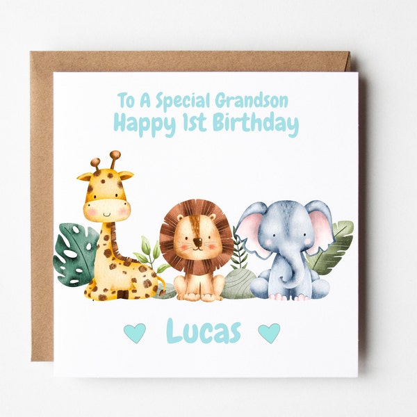 Personalised 1st Birthday Card Grandson, Son, Nephew, Cousin, Keepsake, Jungle, Safari, Kids, Child